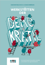 Deckblatt der Broschüre mit Figuren, die am Wort Demokratie arbeiten