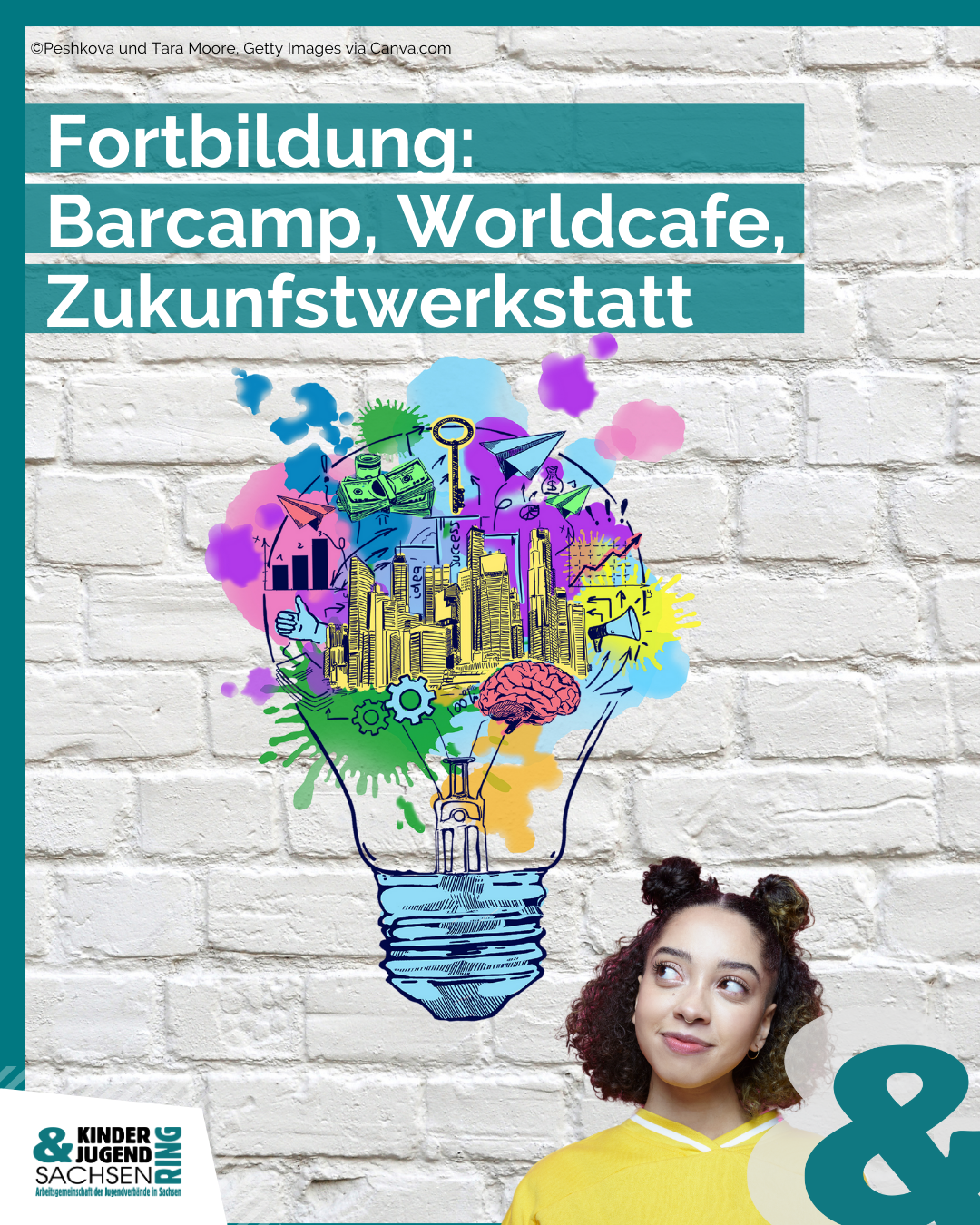 Junge Frau schaut auf eine gemalte Glühbirne, in der ganz viele gemalte Elemente einer Utopie enthalten sind