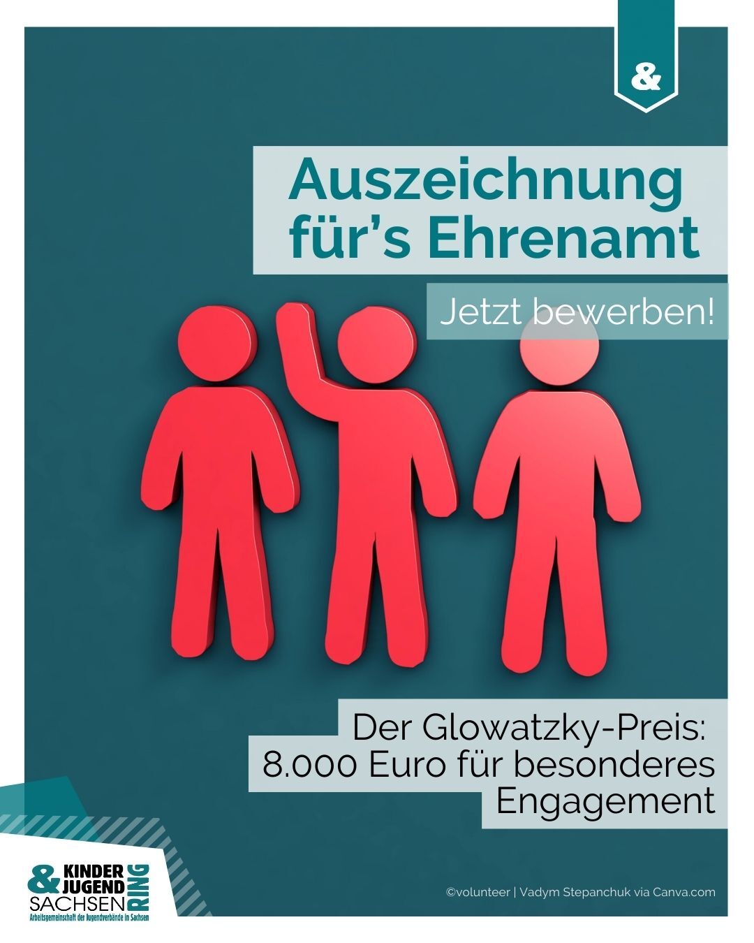 3 stilisierte rote Figuren, eine meldet sich